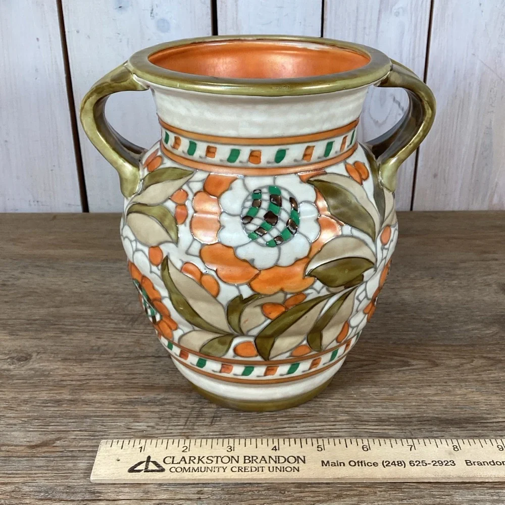 Charlotte Rhead Crown Ducal Pottery Twin Handled Vase Persian Rose Patte…
